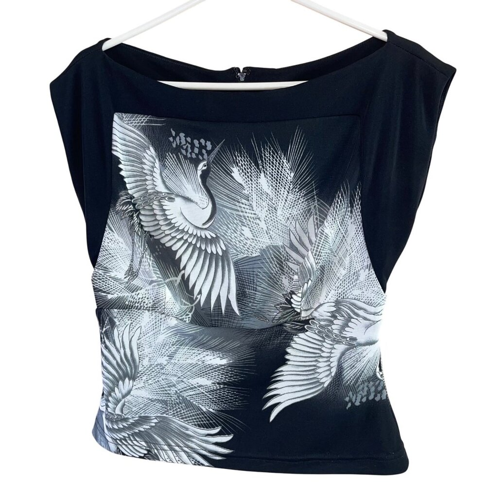 Tadashi Vintage Womens Top Size Large Black Crane Print Stretch Casual